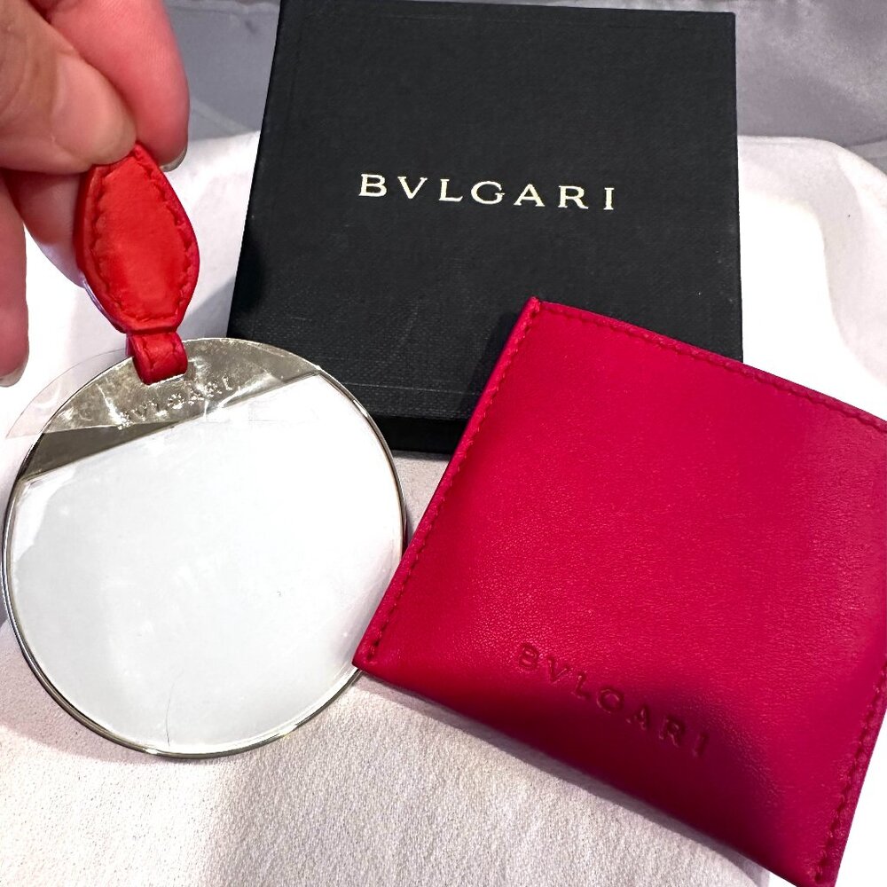 New BVLGARI Pocket/Purse Mirror w/Red Hibiscus Calf Leather Pouch & Tab